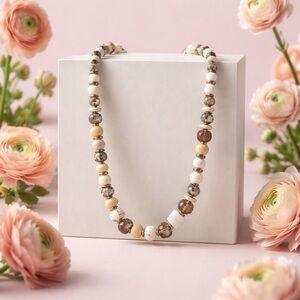 32” Saachi Long Neutral Beaded Statement Necklace Faceted Glass & Stone Mix